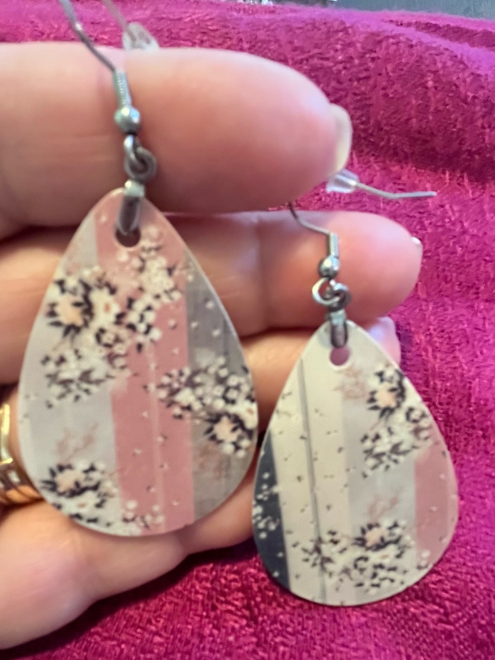 Pink, Grey & Cream Floral Teardrop Dangle Earrings - Women Jewelry